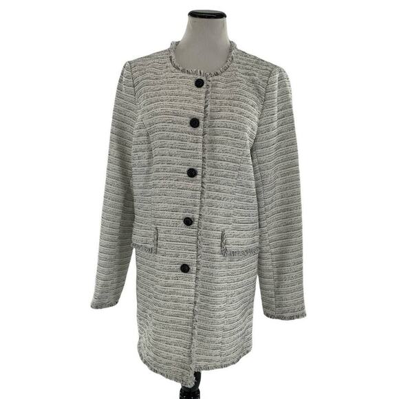 Karl Lagerfeld Paris Blazer Women's Size 16 Black/White Tweed Fringe Long Jacket - Picture 1 of 12